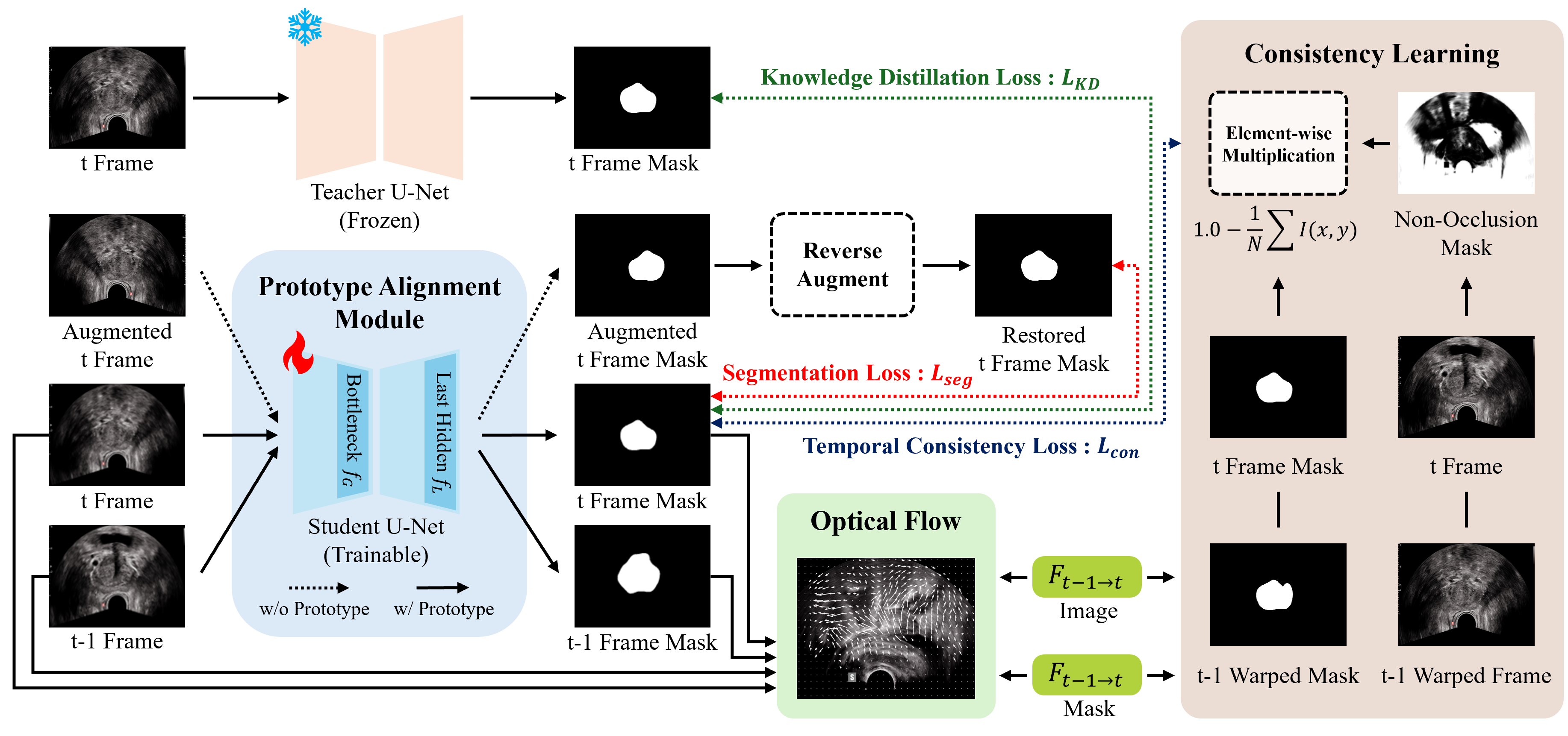 Overview of DTC-TRUS with student-teacher learning, pseudo-labeling, optical flow consistency, and prototype alignment.